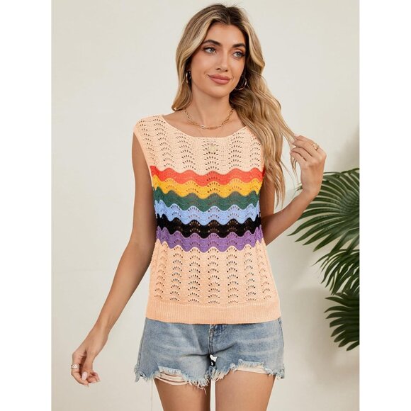 Takeyal Women Light Khaki Sleeveless Crochet Tank Casual Summer Striped Sweater - Picture 2 of 7